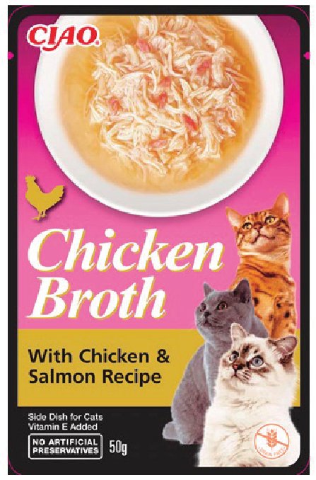 CIAO CHICKEN BROTH TAVUK SULU VE SOMONLU KEDİ ÇORBASI (KUTU İÇİ 12'Lİ KOLİ İÇİ 48'Lİ)